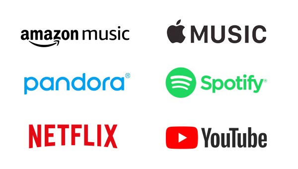 Logos for Spotify, Google Play, Amazon cloud player, iTunes, and xbox music.