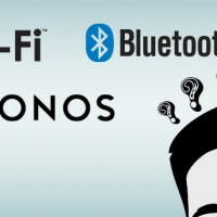 Illustration of a guy with questions about Bluetooth, Play-Fi, Sonos, and Airplay.