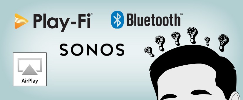Illustration of a guy with questions about Bluetooth, Play-Fi, Sonos, and Airplay.