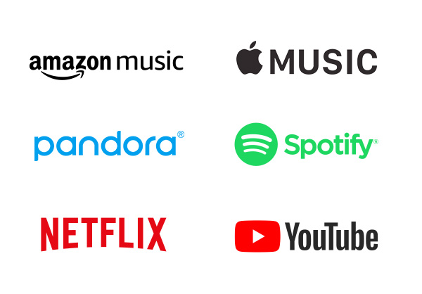 Logos for Spotify, Google Play, Amazon cloud player, iTunes, and xbox music.